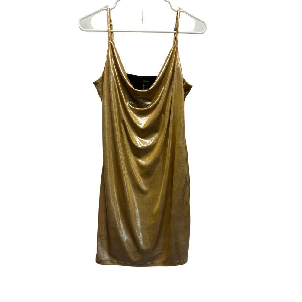 Forever 21 Gold Metallic Cowl Neck Slip Dress Y2K Party Vibes – Size L Hoco Prom